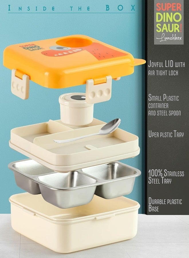 TEC TAVAKKAL Super Dinosaur Yellow Kids Lunch Box - Stainless Steel Insulated Tiffin for School with Spoon, BPA-Free | Leak-Resistant Bento Box with Tray & Container | 1120ml + 70ml (Dinosaur, Yellow) - Image 4